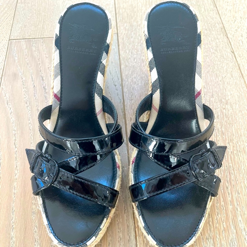 Burberry Wedge Sandals with Patent Criss-Cross Straps, nearly new!